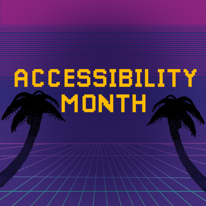 Napis "Accessibility Month" na tle w stylu retro, po obu stronach palmy
